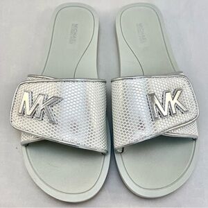Michael Kors Palmer MK Logo Slide Sandals Silver Mesh Size 9